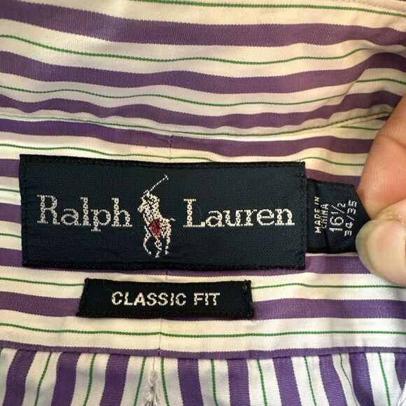 Ralph Lauren Men Button Down Shirt 16.5 34/35 Purple/green Stripe Classic Fit K3 - Picture 4 of 10